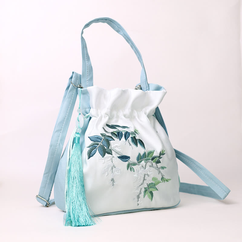 Embroidered Cotton Linen Tote Bag With Wisteria Flowers