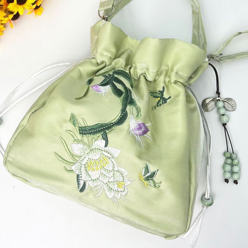 Embroidered Cotton Linen Tote Bag With Wisteria Flowers