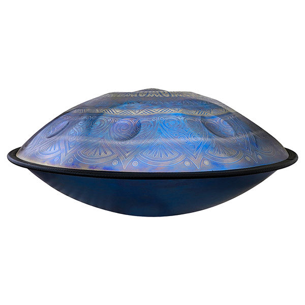 Blue metallic F Major Handpan Drum with etched geometric patterns for sale