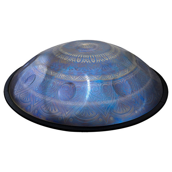 Blue metallic F Major Handpan Drum with etched geometric patterns for sale