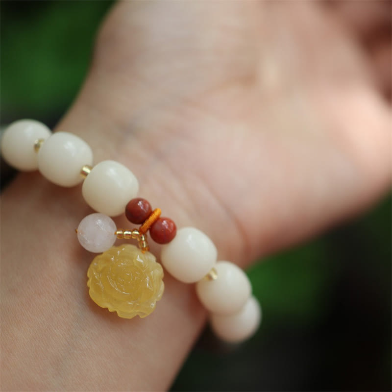 Unisex Lotus Bracelet with Bodhi Seed, Amber & Red Agate Beads