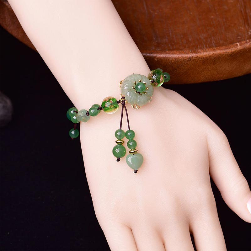 Unisex Green Jade Luck Flower Charm Bracelet 6-10mm Beads