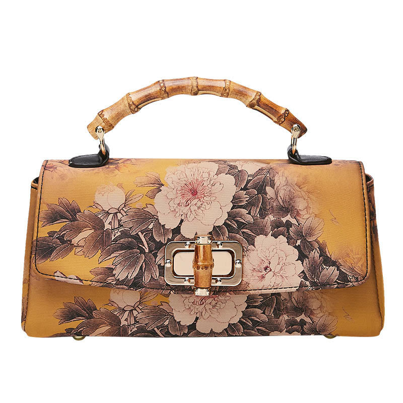 Flower Pattern Bamboo Handle Crossbody Bag 29cm