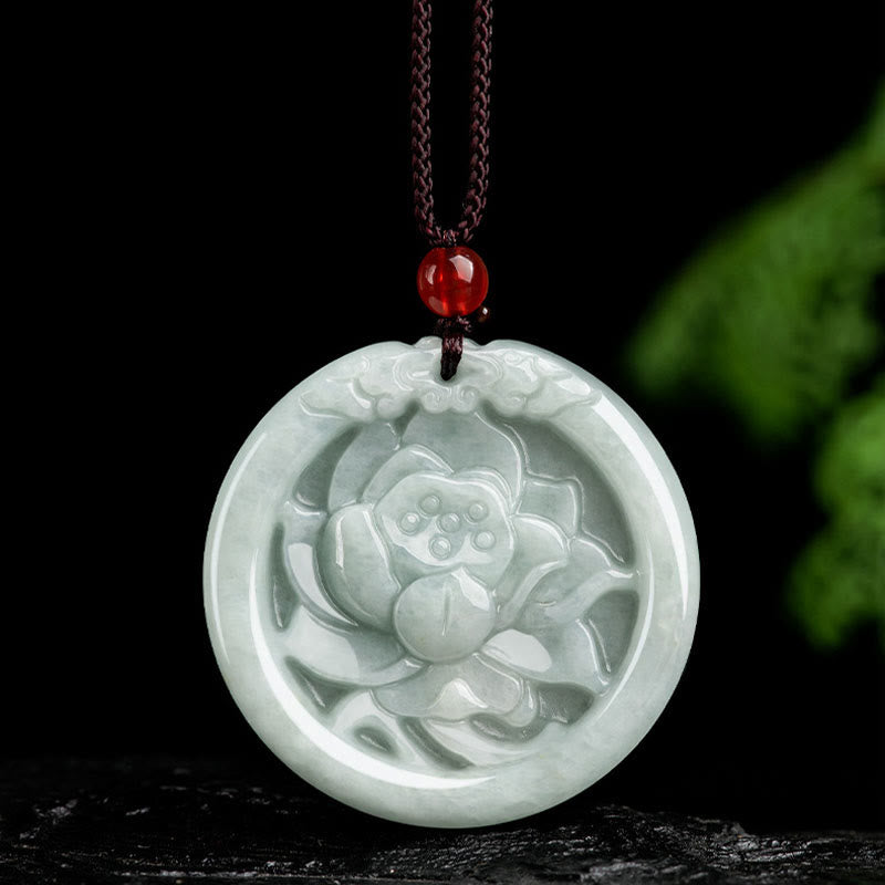 Natural Jade Lotus Flower Carved Prosperity Necklace
