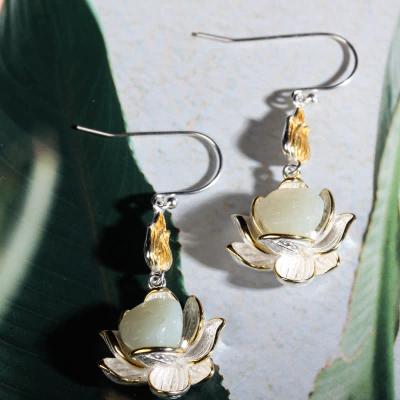 White Jade Protection Harmony Lotus Drop Earrings