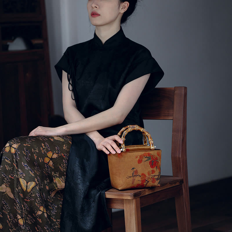 Yellow Bird Green Peony Bamboo Handle Handbag | Spiritual Accessory