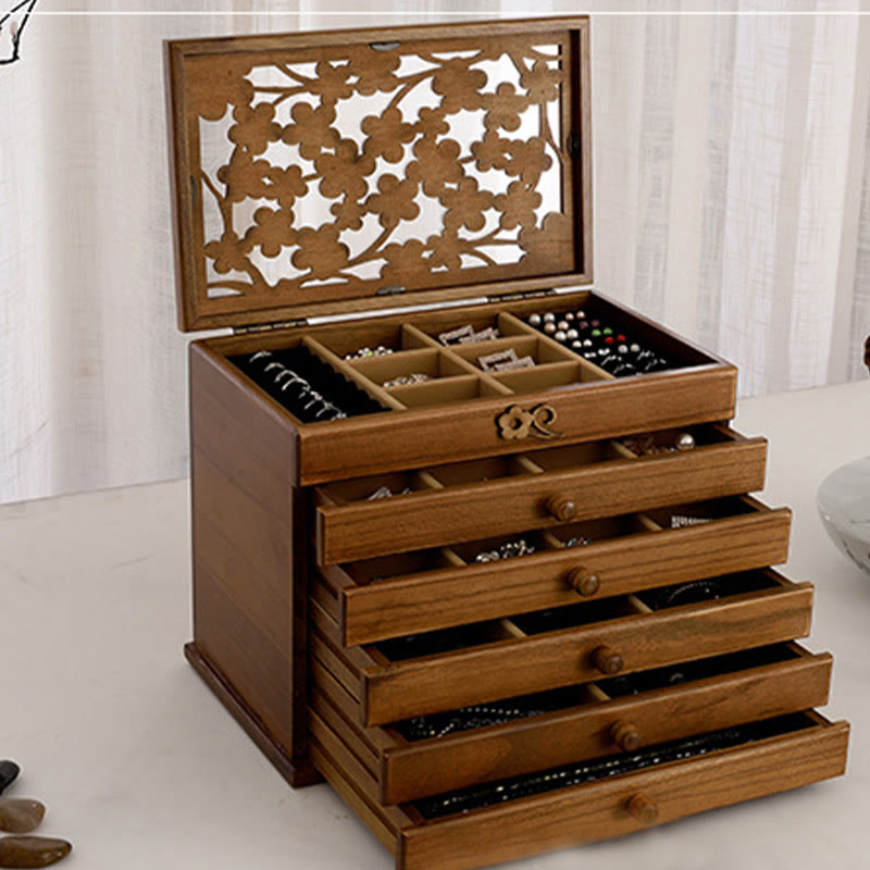 Six-Layer Wooden Jewelry Box with Vintage Plum Blossom Carvings
