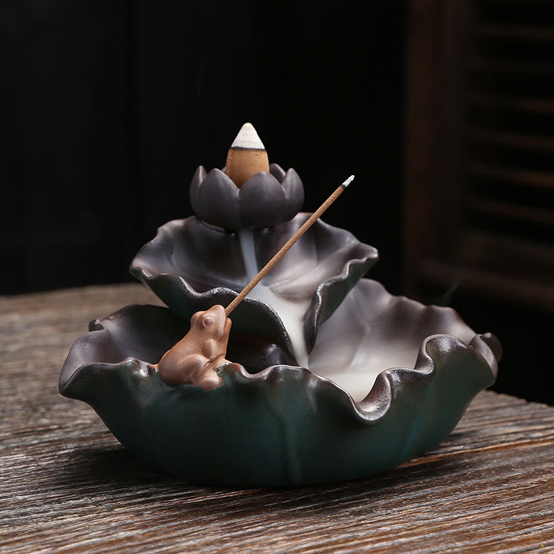Ceramic Incense Burner Lotus Flower Frog Butterfly Decor