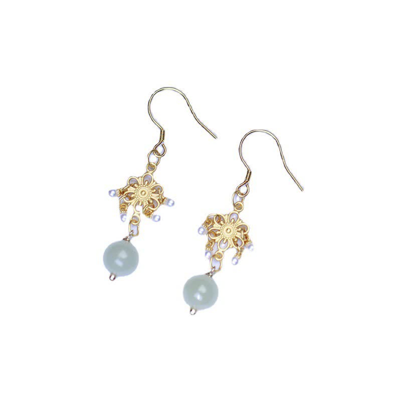 Hetian Jade 14K Gold Dangle Earrings for Prosperity & Luck