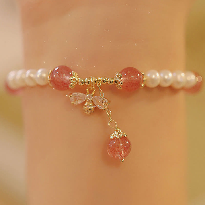 Healing Pearl Strawberry Quartz Bracelet with Honey Bee Charm
