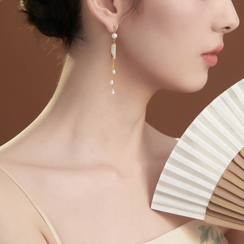 925 Sterling Silver Shoushan Stone Pearl Healing Drop Earrings