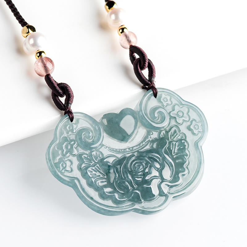 Natural Jade Peony Flower Prosperity Necklace Pendant 32.5mm