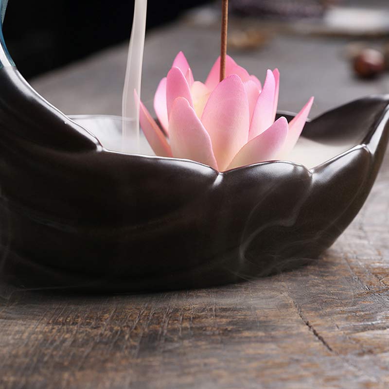 Ceramic Lotus Backflow Incense Burner with Deer 18cm