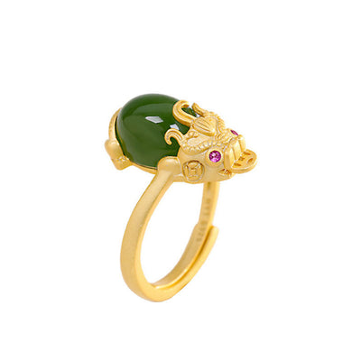 Adjustable 18k Gold Pixiu Jade Ring for Wealth & Luck