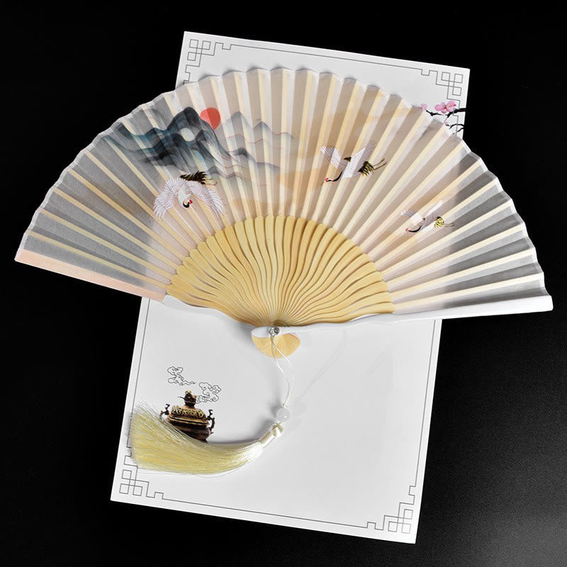 Classic Bamboo Hand Fan | Vintage Cloud Crane Pattern