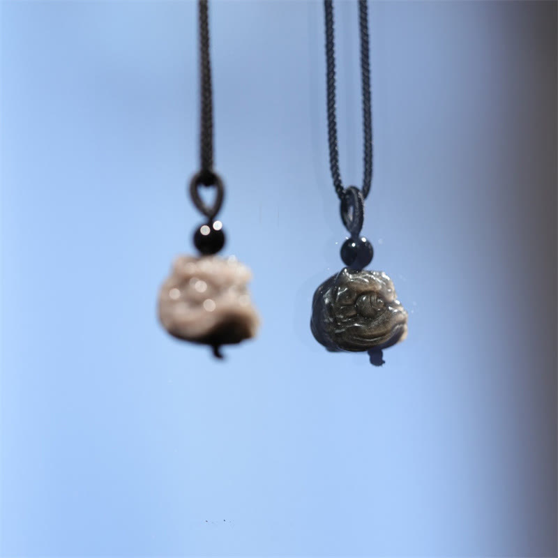 Silver Sheen Obsidian Dancing Lion Protection Necklace Unisex