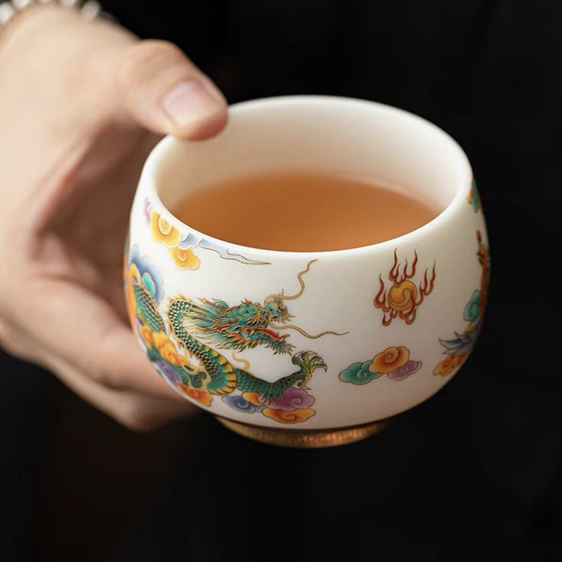 Dragon Phoenix Ceramic Teacup with Auspicious Clouds | Zen Decor