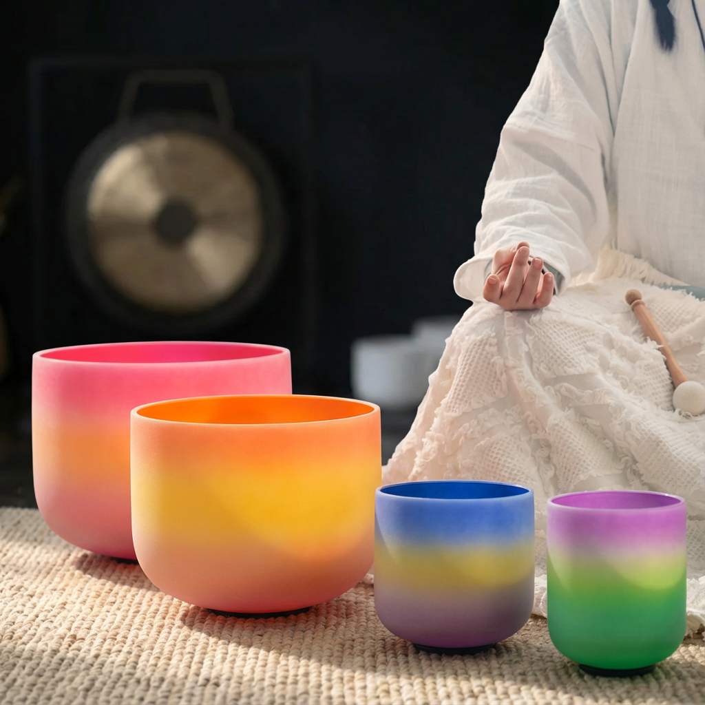 Rainbow Frosted Quartz Crystal Singing Bowl Set - 7 pcs 6-14