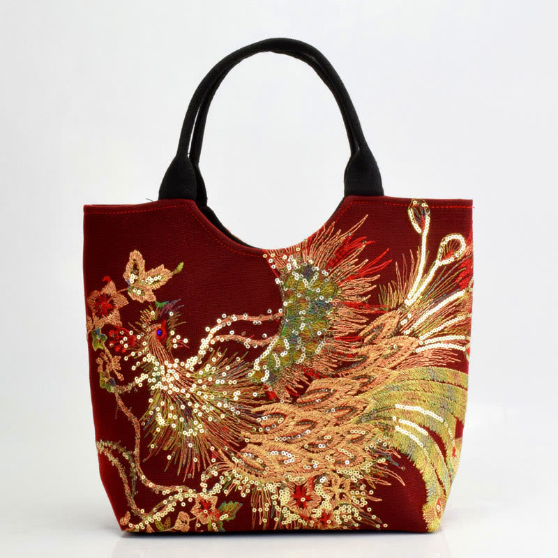 Peacock Embroidered Tote Bag | Canvas Shoulder Crossbody