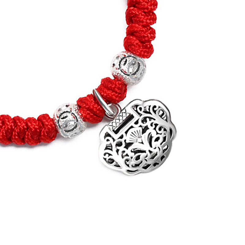 925 Sterling Silver Chinese Lock Charm Red String Kid's Protection Bracelet
