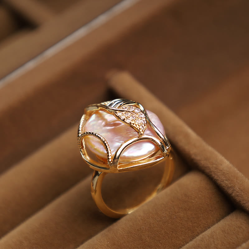 Adjustable Pearl Copper Plated Gold Flower Ring for Wealth & Happiness