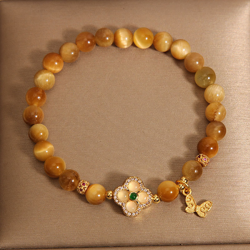 Tiger Eye Protection Bracelet with Four Leaf Clover & Butterfly