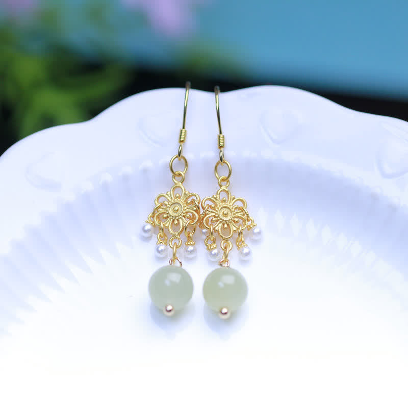 Hetian Jade 14K Gold Dangle Earrings for Prosperity & Luck