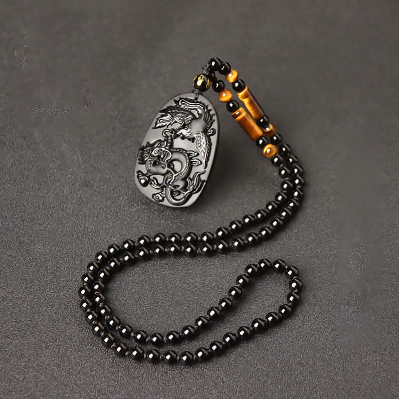 Black Obsidian Dragon Necklace with Tiger Eye Pendant for Protection