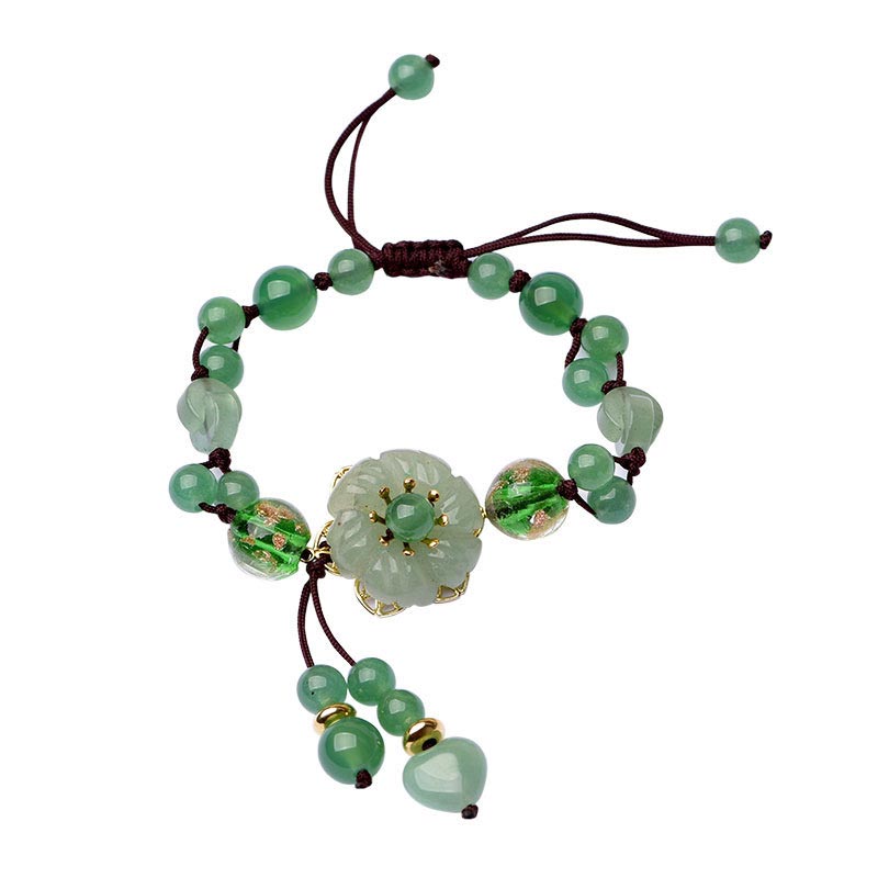 Unisex Green Jade Luck Flower Charm Bracelet 6-10mm Beads