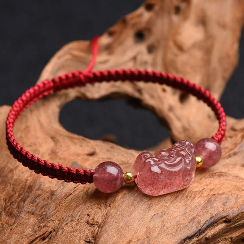 Natural Strawberry Quartz PiXiu Red String Bracelet for Luck