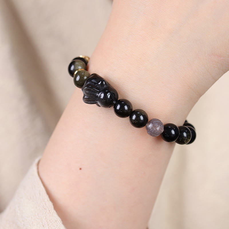 8mm Gold Sheen Obsidian Protection Bracelet with Rabbit Charm