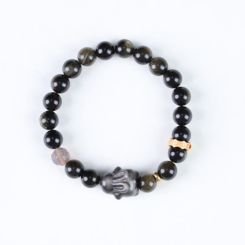 8mm Gold Sheen Obsidian Protection Bracelet with Rabbit Charm