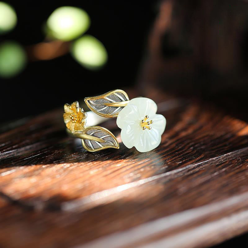 Unisex White Jade Luck Ring with 925 Silver Plated Copper Plum Flower