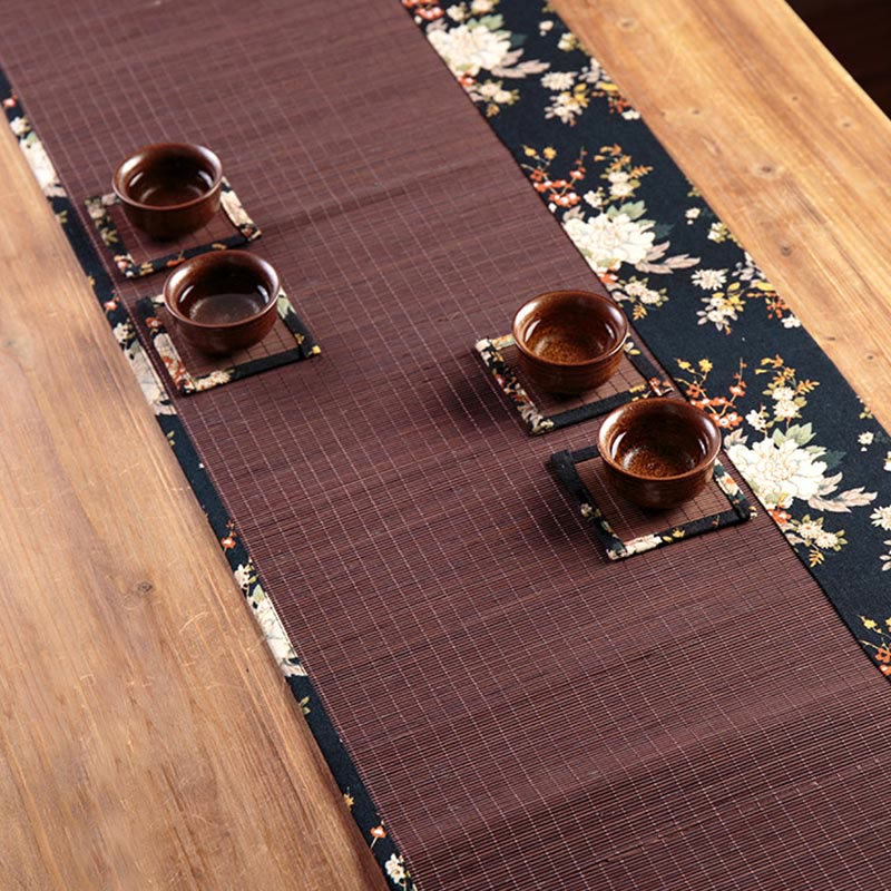 Vintage Bamboo Tea Mat 35x100cm | Peony Flower Coaster