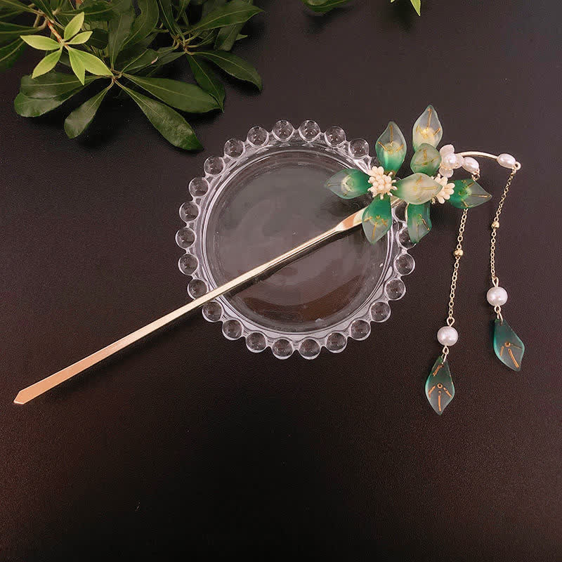 Pearl Flower Leaf Tassel Hairpin for Calm & Wealth