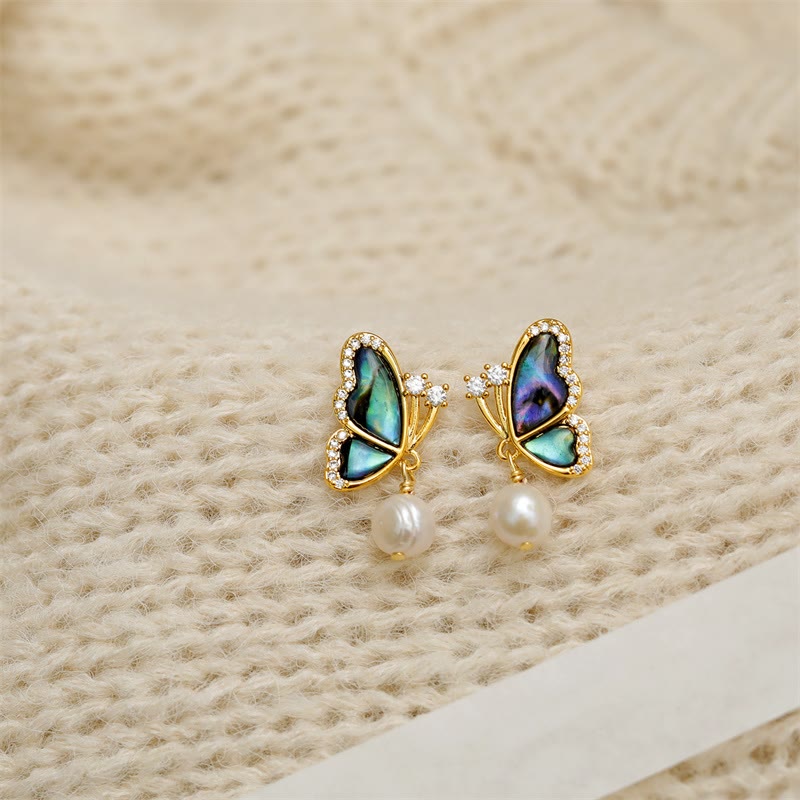 18K Gold Plated Pearl Butterfly Love Stud Earrings