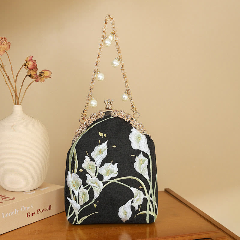 Calla Embroidery Metal Handle Crossbody Bag 15cm