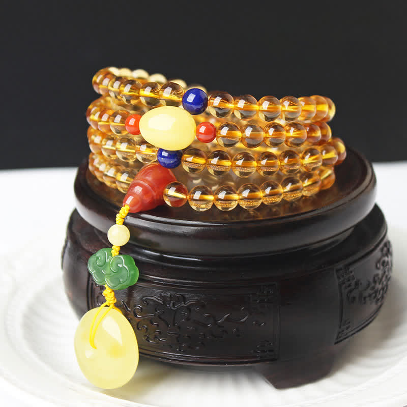 108 Bead Citrine and Amber Gemstone Mala Bracelet for Peace