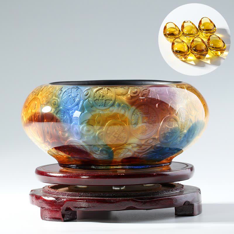 Handmade Liuli Crystal Treasure Bowl for Prosperity Decor