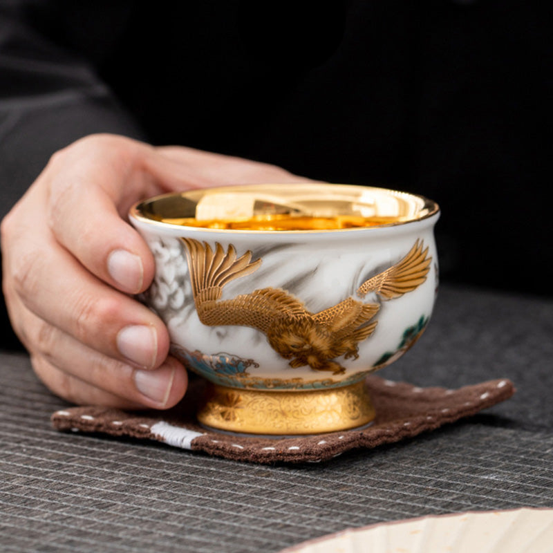 Golden Eagle & Auspicious Dragon Gilt Ceramic Tea Set with Gift Box