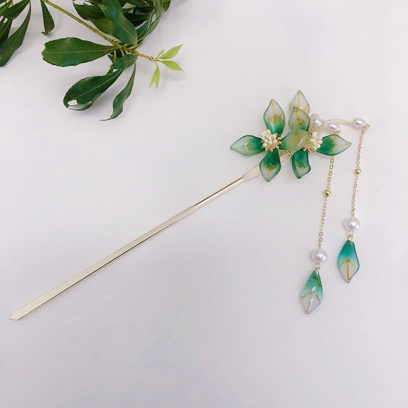 Pearl Flower Leaf Tassel Hairpin for Calm & Wealth