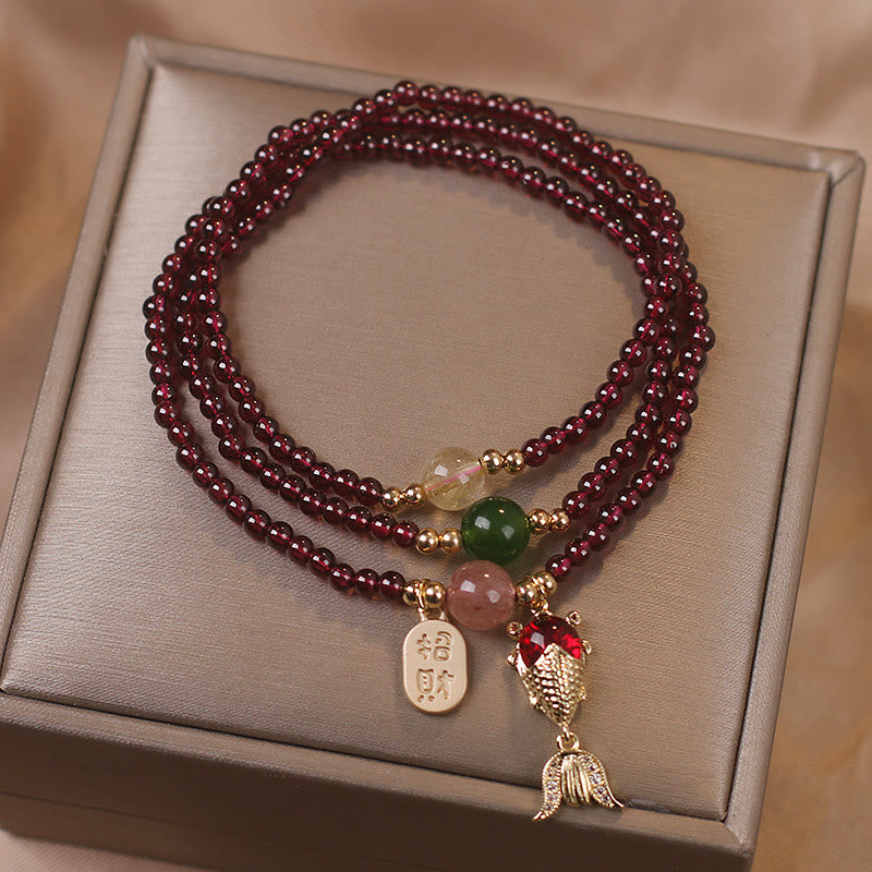 Triple Wrap Garnet Bracelet with Peace Buckle and Crystal Healing