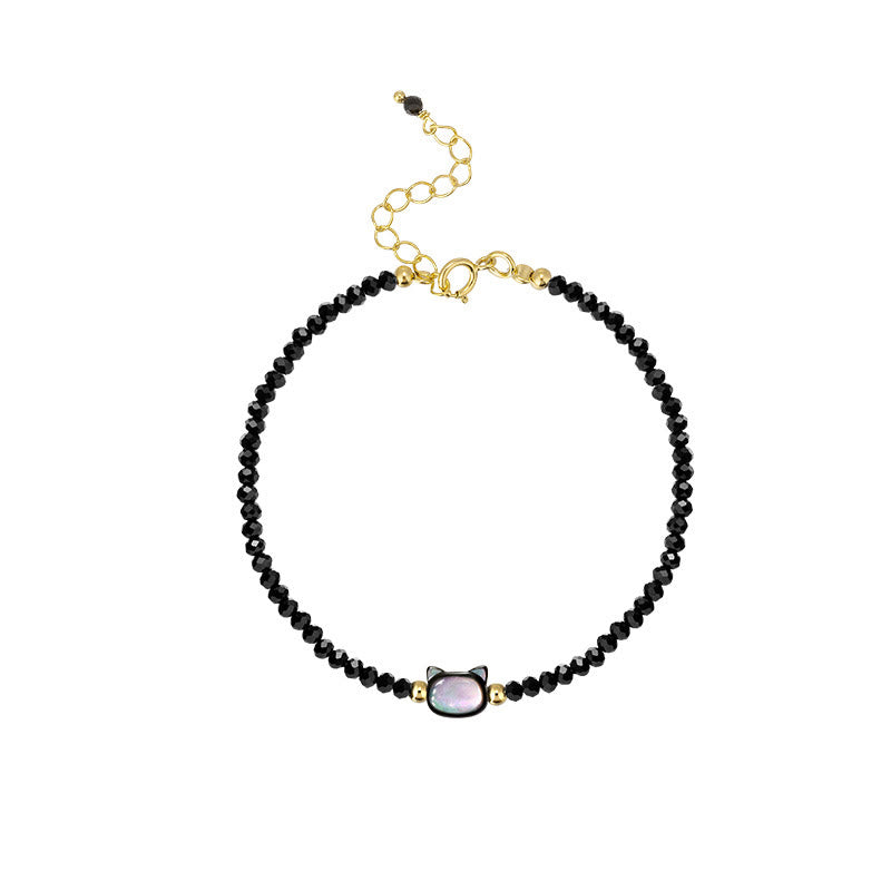 Clear Quartz Bracelet with White Crystal & 14K Gold Plated Healing Cat Charm