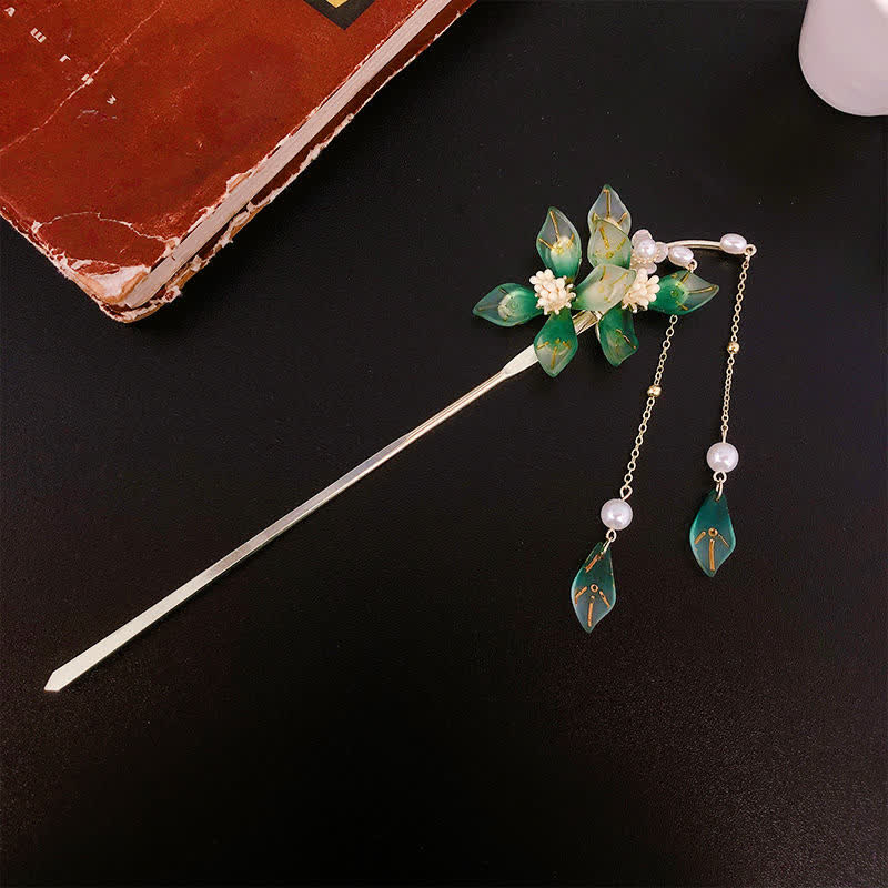 Pearl Flower Leaf Tassel Hairpin for Calm & Wealth