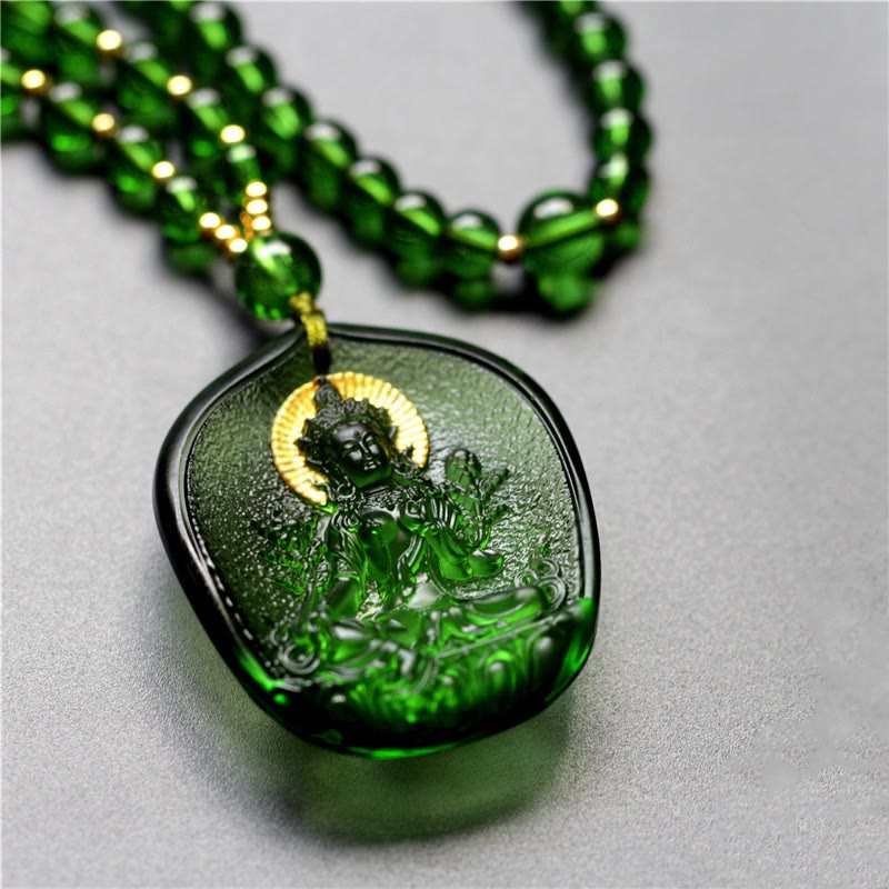 Liuli Crystal Green Tara Necklace | Spiritual Protection Pendant