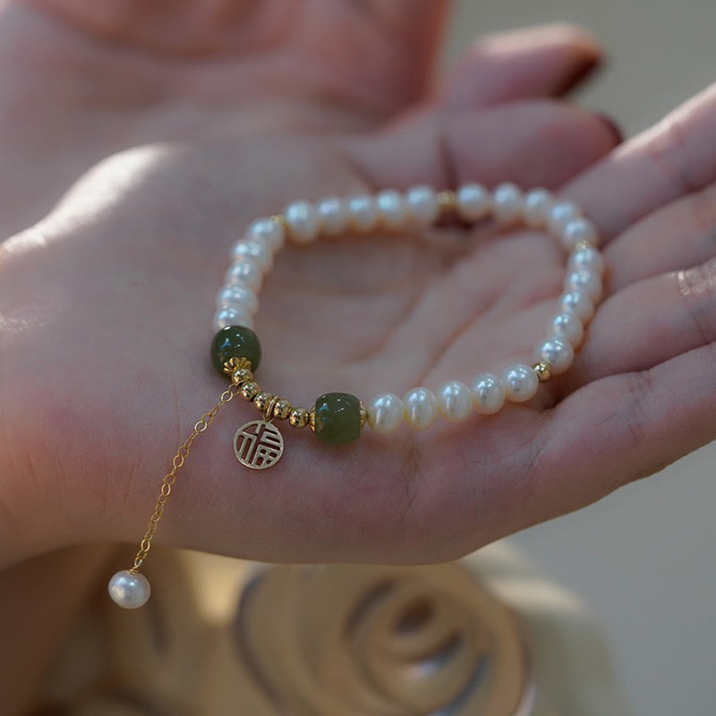 Hetian Jade Pearl Bead Bracelet for Happiness & Wisdom