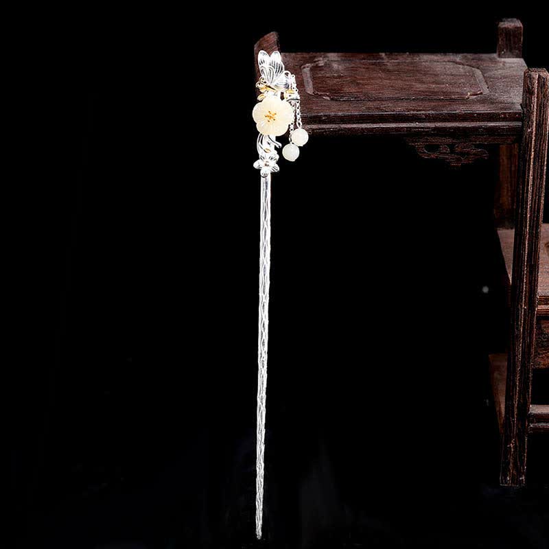 925 Sterling Silver Hetian White Jade Flower Blessing Chinese Hairpin