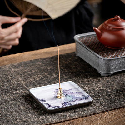 Ceramic Incense Burner Tray with Mountain Lake Flower Leaf Design