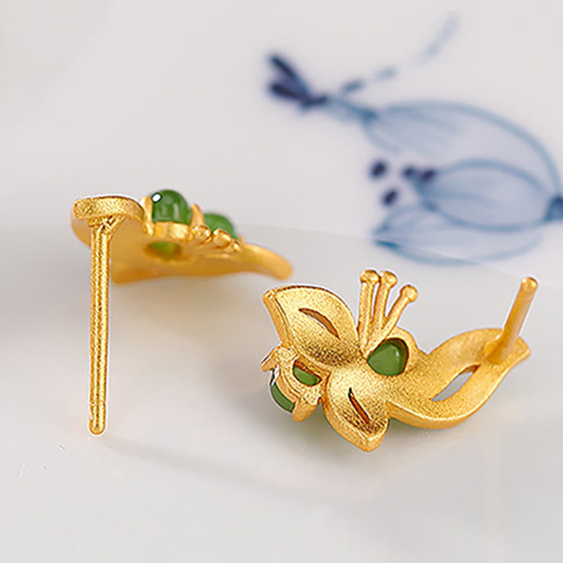 925 Sterling Silver Gold Plated Cyan Jade Butterfly Earrings