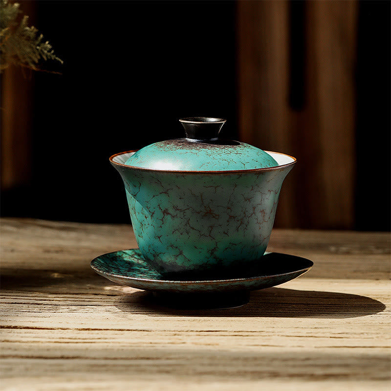 Retro Green Glaze Ceramic Gaiwan Tea Cup 180ml Set